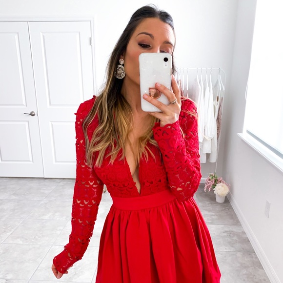 Red Plunge Guipure Lace Long Sleeve Skater Dress - Picture 14 of 16